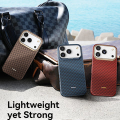 Three Raptic iPhone 17 Aramid Fibre Cases (brown, blue, red) are displayed on a stone surface by the water next to a black checkered bag. Text highlights their ultra-light design, military-grade durability, and MagSafe compatibility.