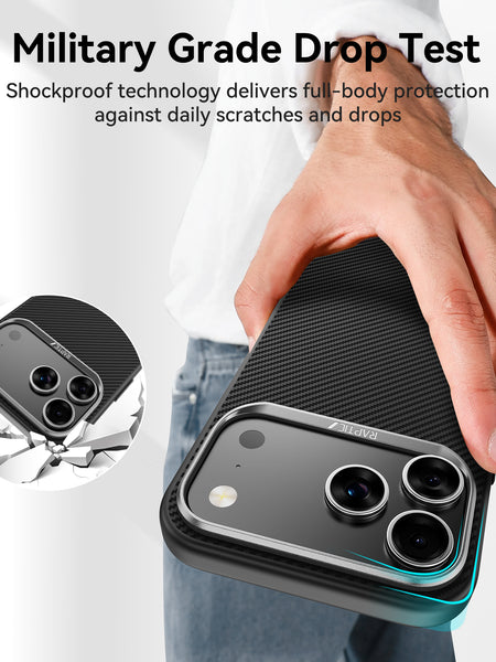 A hand holds a Raptic iPhone 17 Aramid Fibre 600D case; an inset shows it surviving a drop, highlighting its military-grade durability and MagSafe compatibility—ideal for daily protection and convenience.