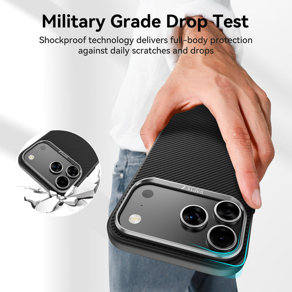 A hand holds a Raptic iPhone 17 Aramid Fibre 600D case; an inset shows it surviving a drop, highlighting its military-grade durability and MagSafe compatibility—ideal for daily protection and convenience.