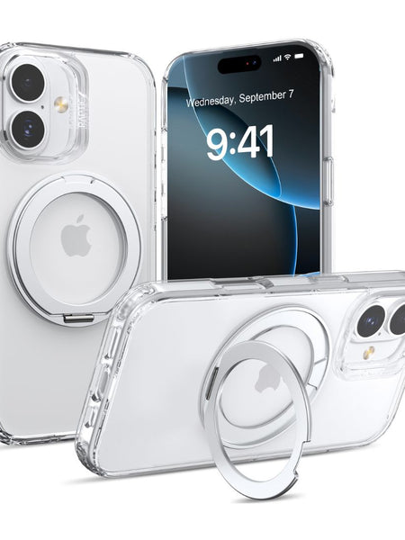 Three Raptic iPhone 17 Magnetic KickStand Cases – Air Stand, shown on and off white iPhones (one with lock screen), provide military-grade protection and a built-in round kickstand.