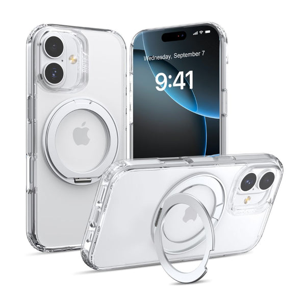 Three Raptic iPhone 17 Magnetic KickStand Cases – Air Stand, shown on and off white iPhones (one with lock screen), provide military-grade protection and a built-in round kickstand.