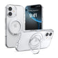 Three Raptic iPhone 17 Magnetic KickStand Cases – Air Stand, shown on and off white iPhones (one with lock screen), provide military-grade protection and a built-in round kickstand.