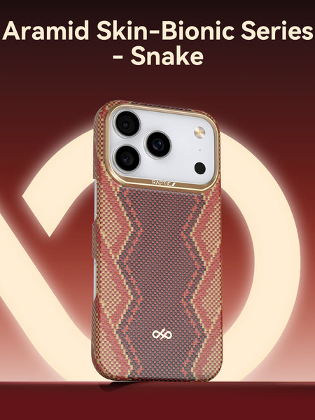 The Raptic Skin-Origin iPhone 17 Aramid Fibre Case, MagSafe compatible with military-grade protection and a snake-inspired design, is displayed on a brown background with 