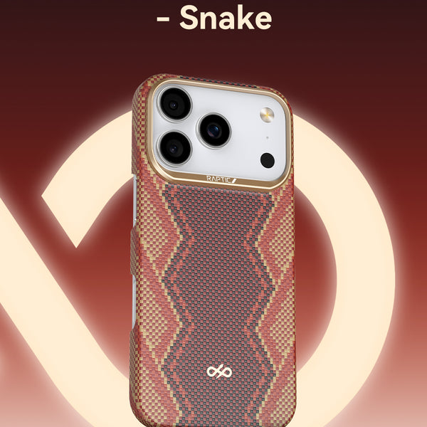 The Raptic Skin-Origin iPhone 17 Aramid Fibre Case, MagSafe compatible with military-grade protection and a snake-inspired design, is displayed on a brown background with 