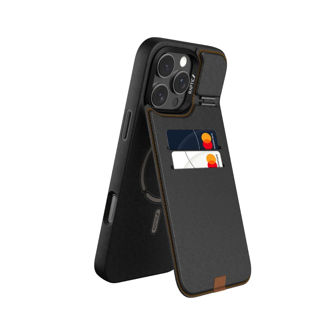 A sleek black iPhone 16 Wallet Kickstand Case - Slim Wallet by Raptic, featuring a built-in card holder with two credit cards neatly inserted in the slots. Designed for smartphones with three camera lenses, this case is compatible with MagSafe technology and supports wireless charging seamlessly.