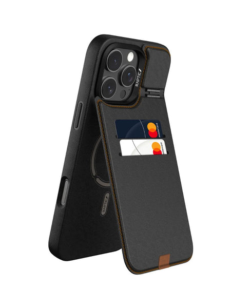 A sleek black iPhone 16 Wallet Kickstand Case - Slim Wallet by Raptic, featuring a built-in card holder with two credit cards neatly inserted in the slots. Designed for smartphones with three camera lenses, this case is compatible with MagSafe technology and supports wireless charging seamlessly.