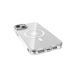 The back of a Raptic Crystal MagSafe iPhone 15 case with a wireless charger.