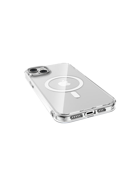The back of a Raptic Crystal MagSafe iPhone 15 case with a wireless charger.