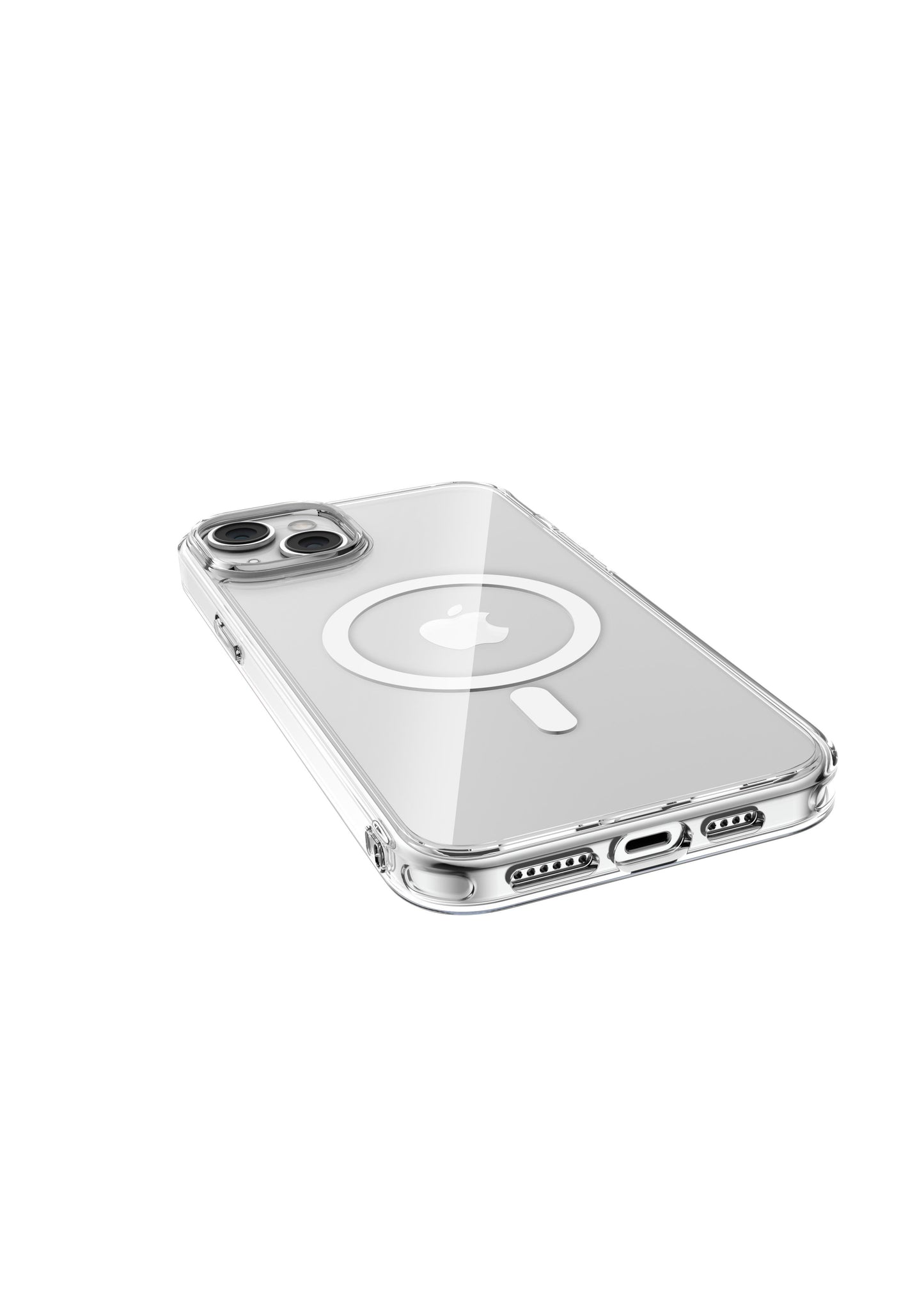 The back of a Raptic Crystal MagSafe iPhone 15 case with a wireless charger.