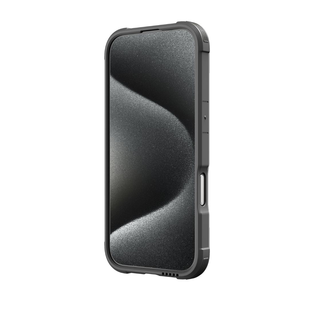 An iPhone 16 encased in the Raptic Shield tough phone case, featuring a black exterior with a textured, wave-like pattern on the screen. The device is standing upright, offering premium drop protection.