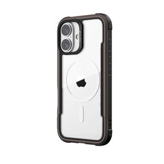 Raptic's iPhone 16 Series Case - Shield is a clear protective phone case with a black border, specifically designed for an Apple iPhone. It features a transparent back section that reveals the Apple logo and is compatible with MagSafe wireless charging.