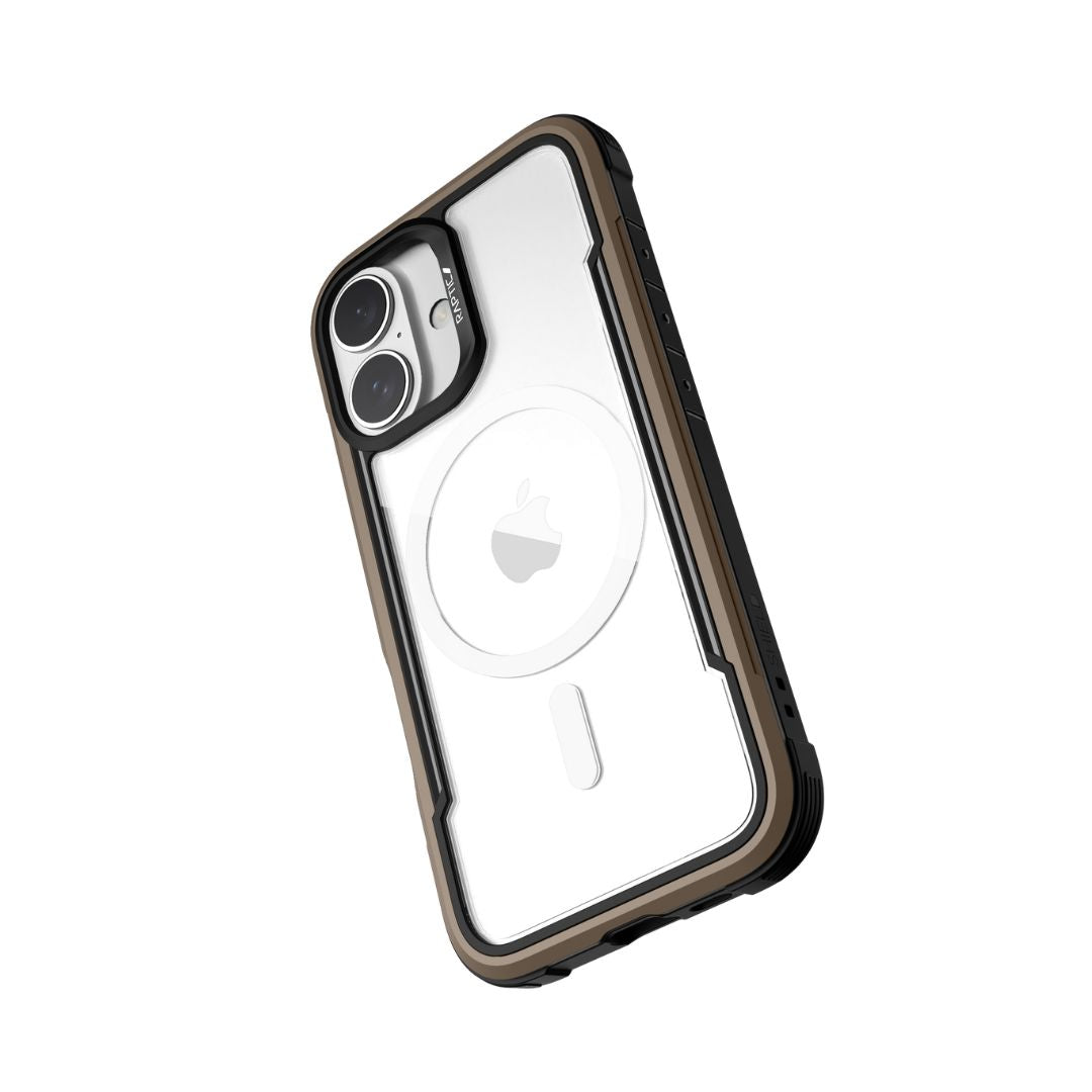 The Raptic iPhone 16 Series Case - Shield is a tough phone case with a rugged black and brown frame. It features a clear back with a visible camera cutout and a circular design for enhanced drop protection.