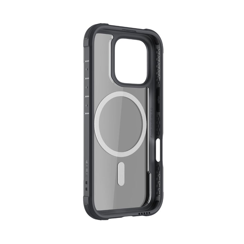 The Raptic iPhone 16 Series Case - Shield is a durable, clear protective phone case with a black border. It features a prominent circular design on the back, offers excellent drop protection, and is compatible with the iPhone 16 MagSafe system.