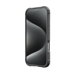 A smartphone with a textured dark screen is displayed in a rugged, grey iPhone 16 Series Case - Shield by Raptic, offering enhanced drop protection.