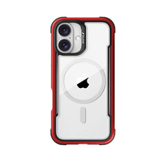 A Raptic iPhone 16 Series Case - Shield, featuring a clear design with MagSafe compatibility, double rear cameras positioned at the top left corner, and a central Apple logo on the back. This case boasts drop protection and stylish red and black accents.