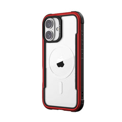 A clear iPhone 16 Series Case - Shield by Raptic, featuring a striking red and black border that showcases the Apple logo while providing excellent drop protection.