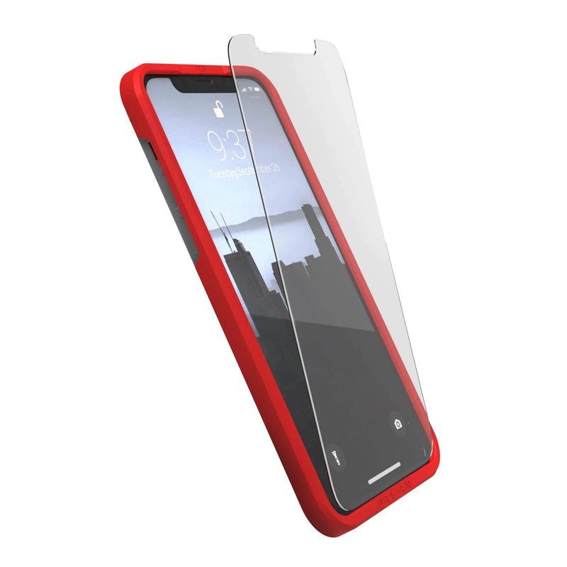 A red iPhone 15 Full Cover Glass case with a clear Raptic Full Cover Glass screen protector.