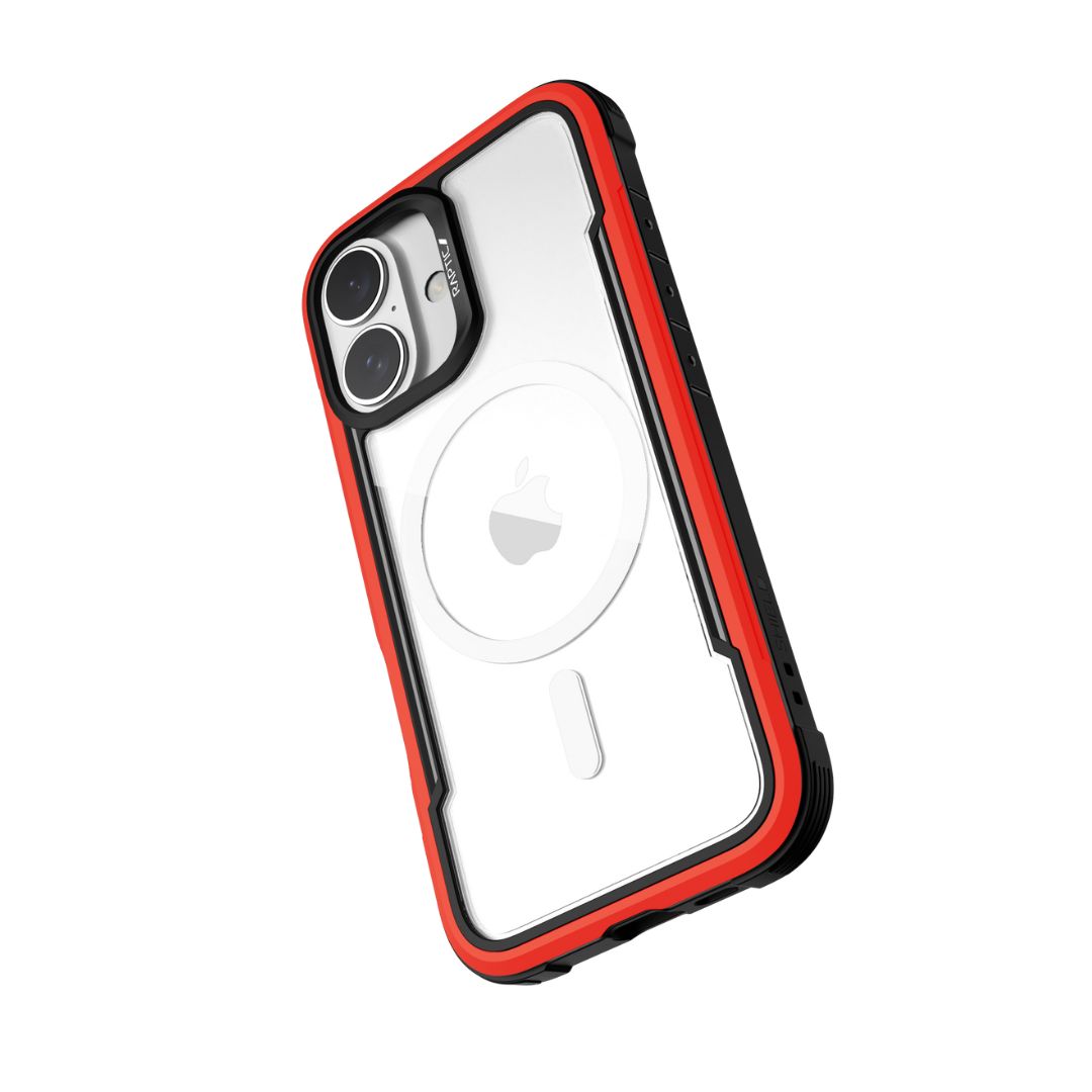 A smartphone with a clear protective case and red edges, featuring a dual-camera system. The Raptic iPhone 16 Series Case - Shield offers robust drop protection, ensuring your device stays safe in everyday scenarios.