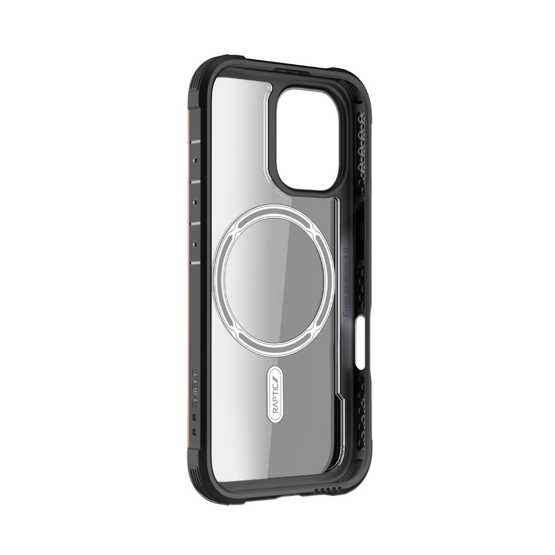 A clear protective phone case with a black border and a circular design on the back, standing upright against a white background. The Raptic iPhone 16 Series Case - Shield provides 3-metre drop protection and is compatible with wireless charging.