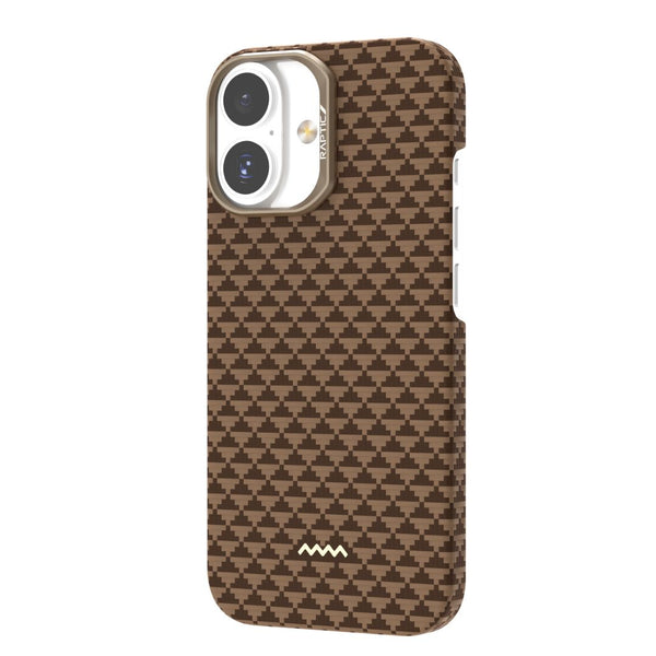The Raptic Skin-Origin iPhone 17 Aramid Fibre Case in brown has a geometric houndstooth pattern, a small white mountain logo, MagSafe compatibility, and delivers ultra-light military-grade protection.