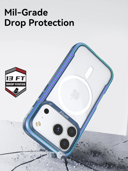 The Raptic Shield iPhone 17 case is shown hitting a cracked surface, highlighting 