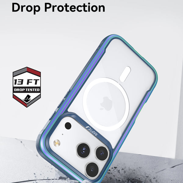 The Raptic Shield iPhone 17 case is shown hitting a cracked surface, highlighting 