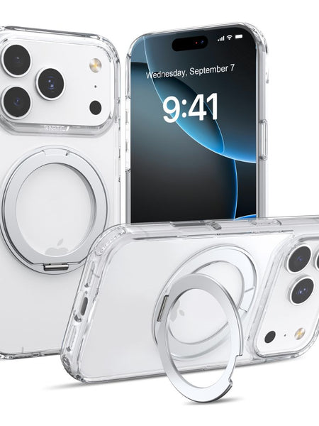 Three Raptic iPhone 17 Magnetic KickStand Case - Air Stand cases are shown on white phones, one displaying the lock screen with the time 9:41 and date Wednesday, September 7.
