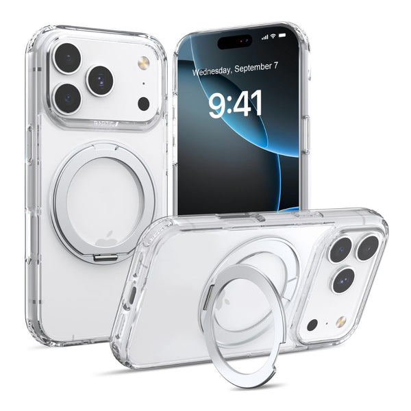 Three Raptic iPhone 17 Magnetic KickStand Case - Air Stand cases are shown on white phones, one displaying the lock screen with the time 9:41 and date Wednesday, September 7.
