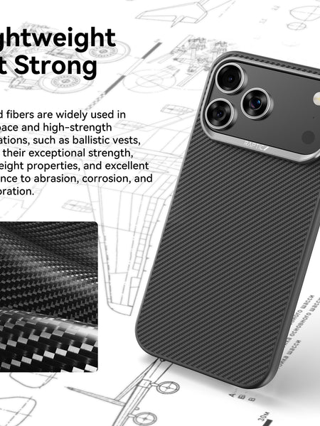 The iPhone 17 Aramid Fibre 600D - Raptic Aramid case by Raptic is displayed atop technical drawings, emphasizing its lightweight, strong, and durable aramid fiber construction.