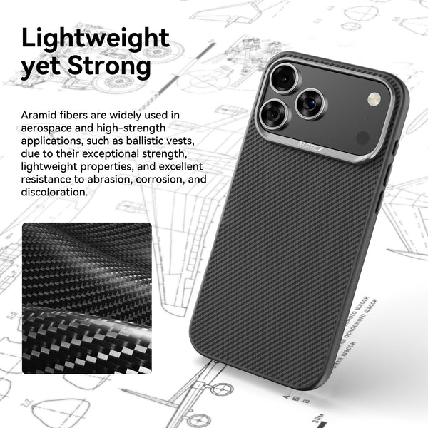 The iPhone 17 Aramid Fibre 600D - Raptic Aramid case by Raptic is displayed atop technical drawings, emphasizing its lightweight, strong, and durable aramid fiber construction.