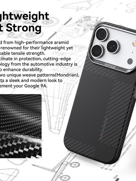 A black aramid fiber Raptic Geotik case for iPhone 17 Series, featuring a textured pattern, is displayed against a blueprint background, showcasing its lightweight, durable, military-grade design.
