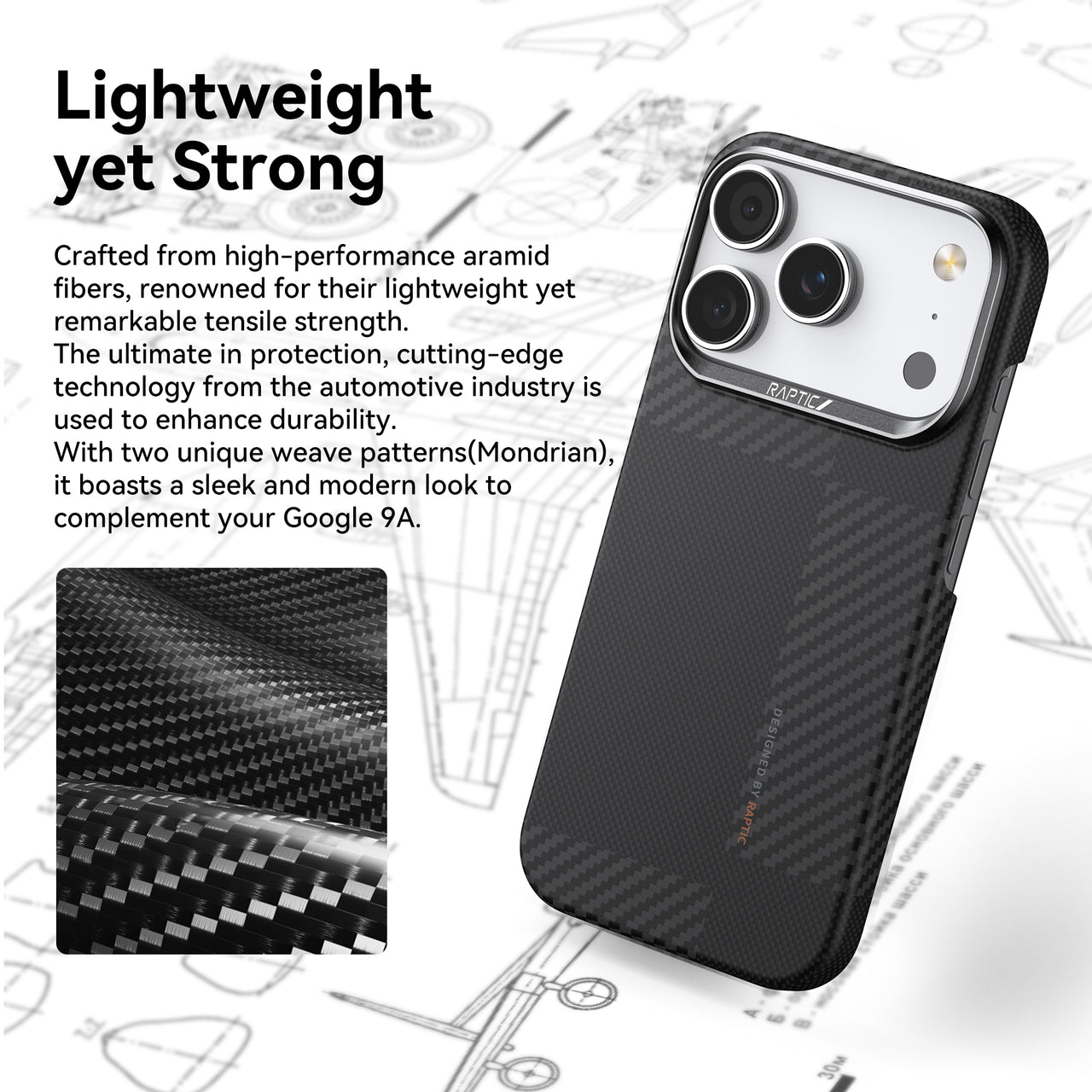 A black aramid fiber Raptic Geotik case for iPhone 17 Series, featuring a textured pattern, is displayed against a blueprint background, showcasing its lightweight, durable, military-grade design.