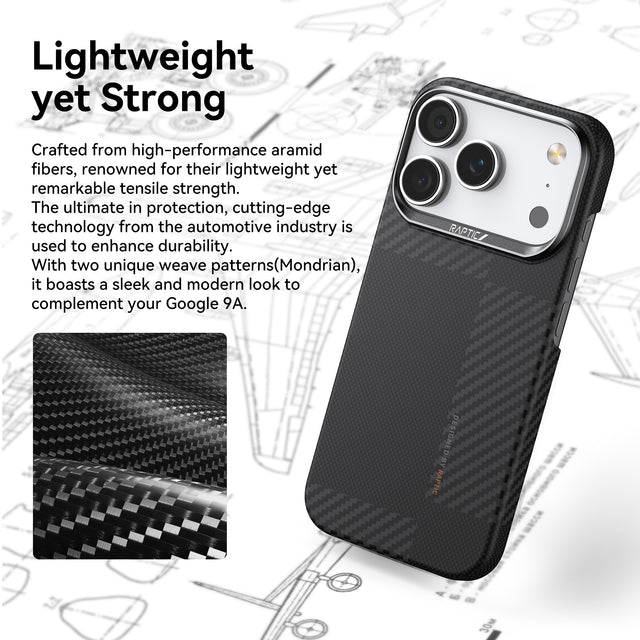 A black aramid fiber Raptic Geotik case for iPhone 17 Series, featuring a textured pattern, is displayed against a blueprint background, showcasing its lightweight, durable, military-grade design.
