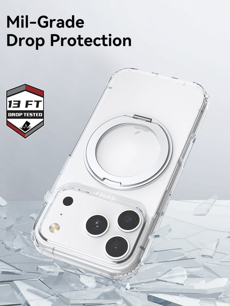 The Raptic iPhone 17 Magnetic KickStand Case - Air Stand stands on shattered glass, showing a badge with 