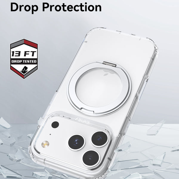 The Raptic iPhone 17 Magnetic KickStand Case - Air Stand stands on shattered glass, showing a badge with 