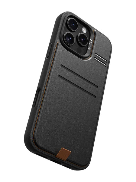 The Raptic iPhone 16 Wallet Kickstand Case - Slim Wallet features a black, textured surface with two card slots and brown trim on the back. It is designed to fit a smartphone with three rear camera lenses.