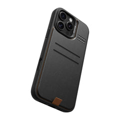 The Raptic iPhone 16 Wallet Kickstand Case - Slim Wallet features a black, textured surface with two card slots and brown trim on the back. It is designed to fit a smartphone with three rear camera lenses.