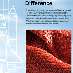 Close-up of the Raptic Skin-Origin iPhone 17 Aramid Fibre Case’s red, tightly woven material with text highlighting its high-performance, lightweight, military-grade protection. A subtle space shuttle outline is visible in the background.