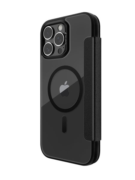 A black Raptic Urban Folio iPhone 16 Wallet Case with a clear back, showcasing the Apple logo, and a magnetic ring design featuring MagSafe technology.