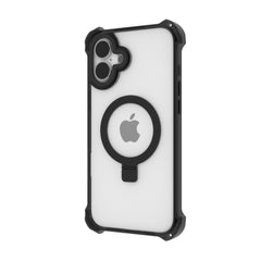 A smartphone in a protective case with drop protection and a circular grip attachment on the back, featuring the Apple logo through the translucent design. This Raptic iPhone 16 Shield Impact Case - Dual Impact is also MagSafe compatible for seamless charging.