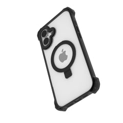 An iPhone in a rugged black case, featuring a circular mount on the back, is standing upright at an angle. The Raptic iPhone 16 Shield Impact Case - Dual Impact offers exceptional drop protection and is also MagSafe compatible.