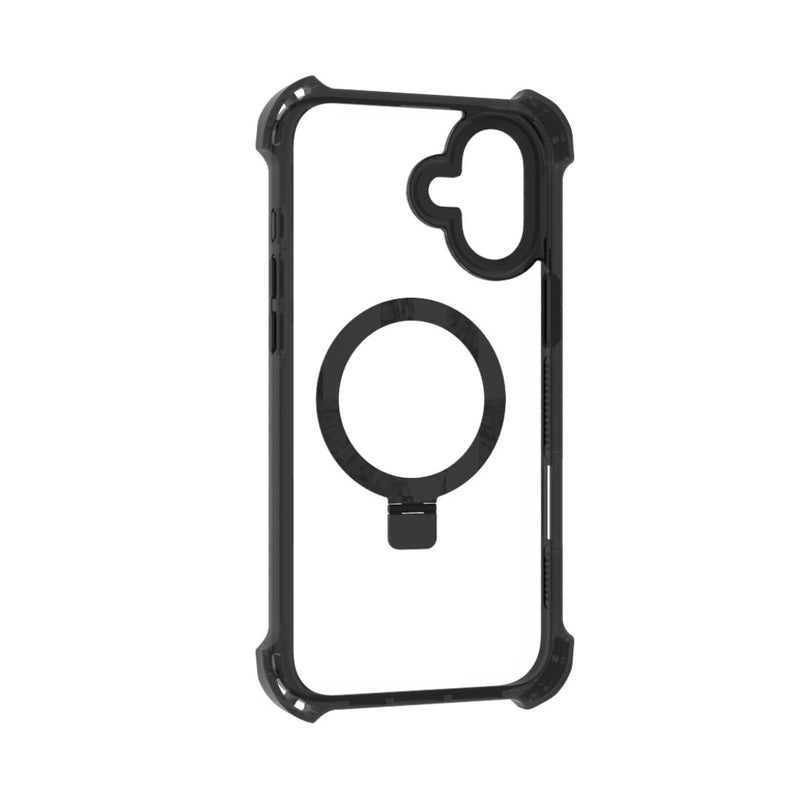 A Raptic iPhone 16 Shield Impact Case - Dual Impact in black, featuring reinforced corners for drop protection and a circular cutout at the back, likely designed for MagSafe compatible attachment features.