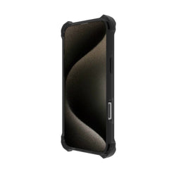 A black Raptic iPhone 16 Shield Impact Case - Dual Impact featuring a rugged protective design with reinforced corners and MagSafe compatibility is shown from an angled side view.