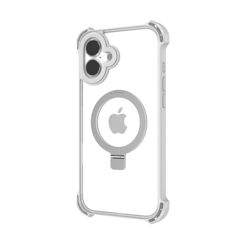 The Raptic iPhone 16 Shield Impact Case - Dual Impact offers a transparent design with reinforced corners for premium drop protection. It features a central circular ring holder with an Apple logo, and the two camera lenses and flash are visible through the case. Additionally, it is MagSafe compatible.