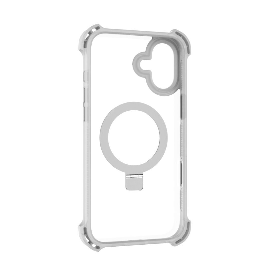 The Raptic iPhone 16 Shield Impact Case - Dual Impact is a clear smartphone case with reinforced gray corners and a circular metal ring stand in the center of the back. Designed specifically for iPhone 16 Plus, this MagSafe compatible case offers enhanced drop protection while maintaining sleek functionality.