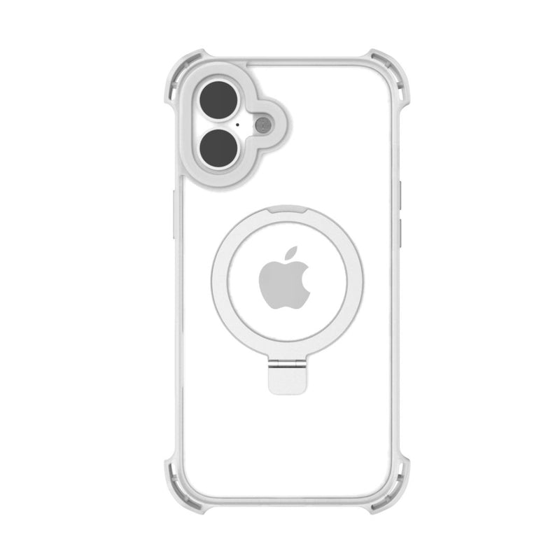 The Raptic iPhone 16 Shield Impact Case - Dual Impact is a clear case with reinforced corners for enhanced drop protection. It features a prominent Apple logo and a circular MagSafe compatibility ring on the back, designed for the dual camera lenses located at the top left corner of your phone.