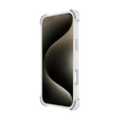 A smartphone with a black screen in a white Raptic iPhone 16 Shield Impact Case - Dual Impact featuring reinforced corners and drop protection, MagSafe compatible.