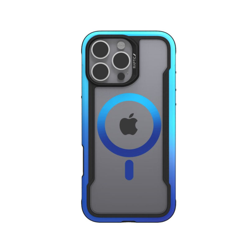 A sleek iPhone 16 Pro Max encased in a blue Raptic Shield 2.0, MagSafe Ready case, featuring a visible Apple logo on the back and a circular design below it. The device boasts three rear cameras and an extra attachment on the camera module, providing lightweight protection.