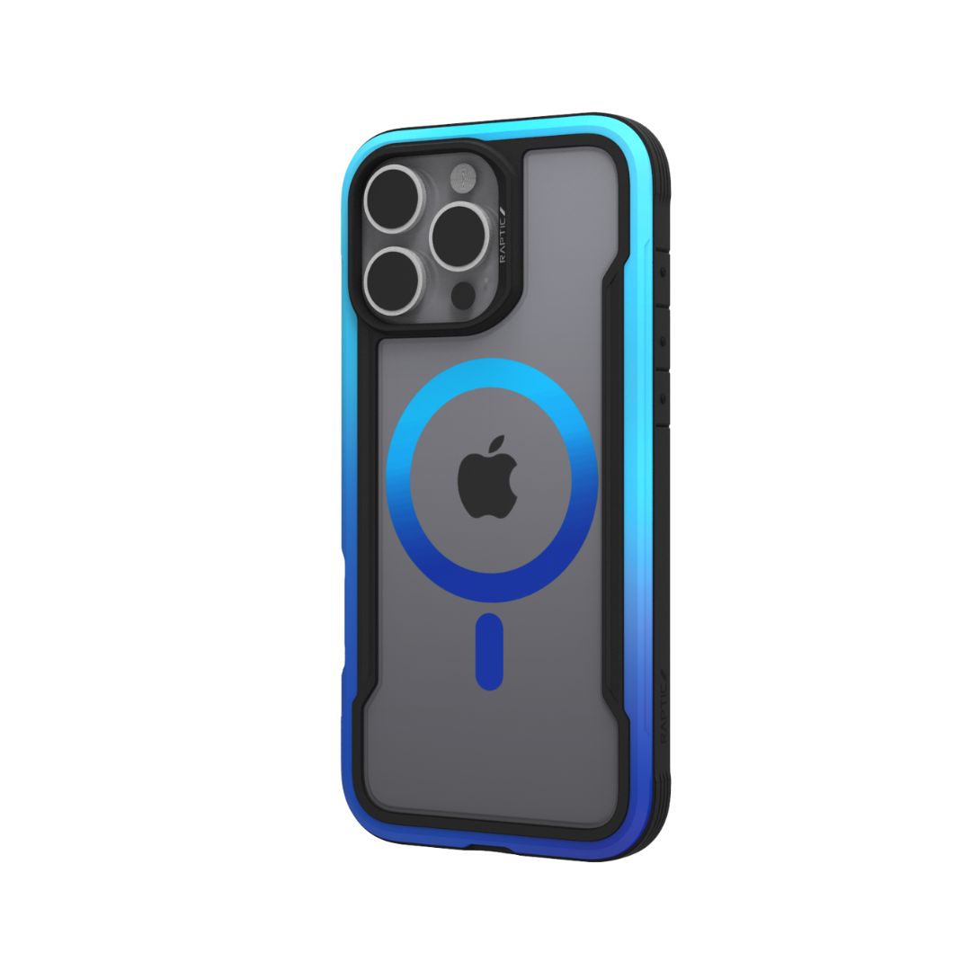 A MagSafe Ready iPhone 16 Series protected by the Raptic Shield 2.0 case in black and blue, showcasing a visible camera lens array and featuring a circular design on the back, offering lightweight protection.