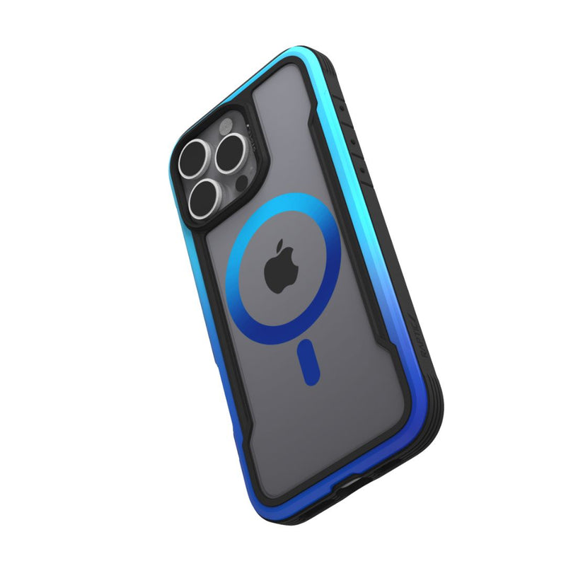 The Raptic iPhone 16 Series Case - Shield 2.0 boasts a clear design with a blue circular pattern around the Apple logo and a black border around the edges. This case offers lightweight protection, ensuring your device remains MagSafe Ready.